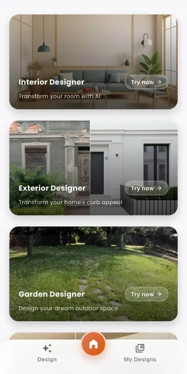 DecorAI App Oberfläche – KI Wohndesign aus Zimmerfoto auf dem iPhone