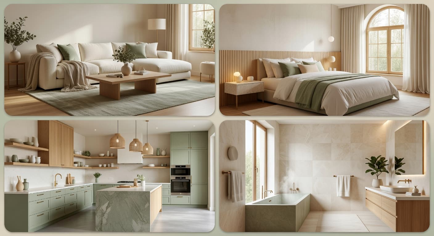 DecorAI Final-Visual – KI Wohndesign Wohnzimmer, Schlafzimmer, Küche und Bad in warmen Tönen