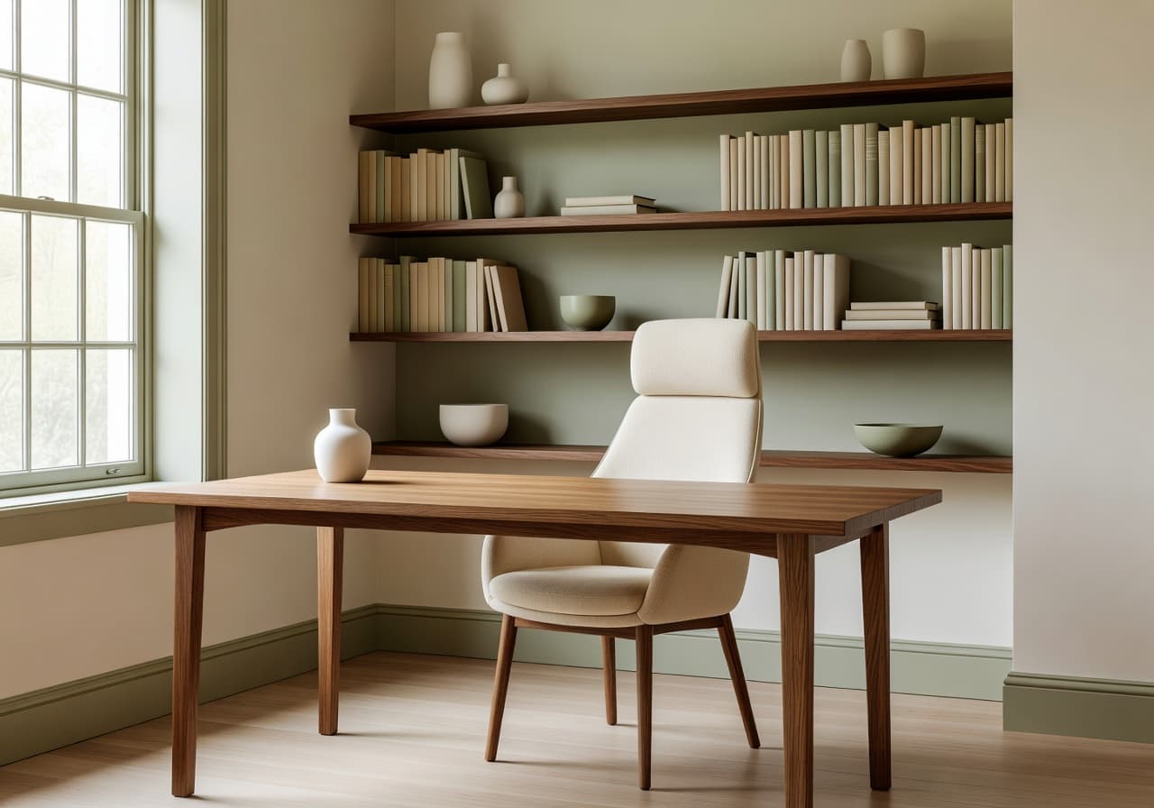 Homeoffice mit KI gestalten – warmes minimalistisches Arbeitszimmer mit DecorAI